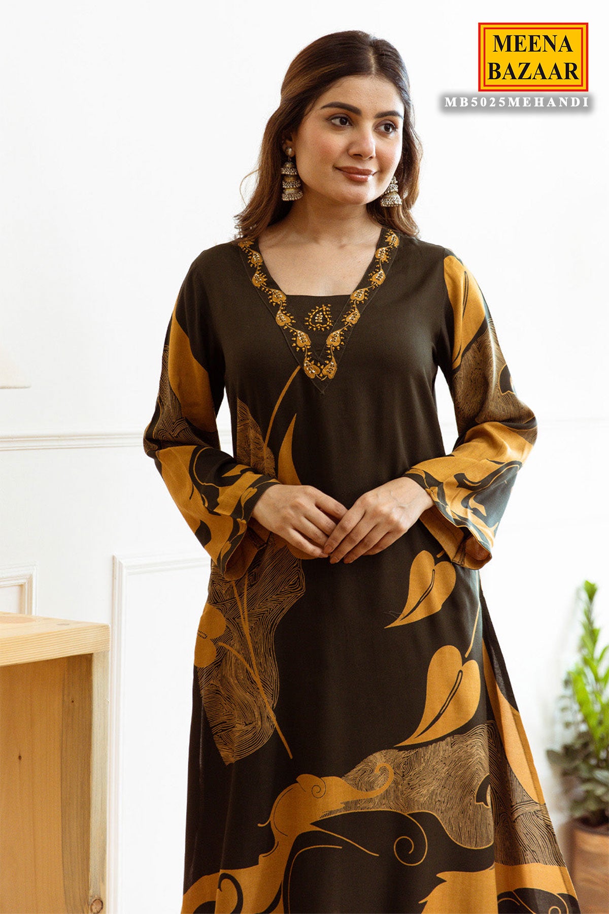 Mehandi Rayon Printed Kurti With Palazzo Set