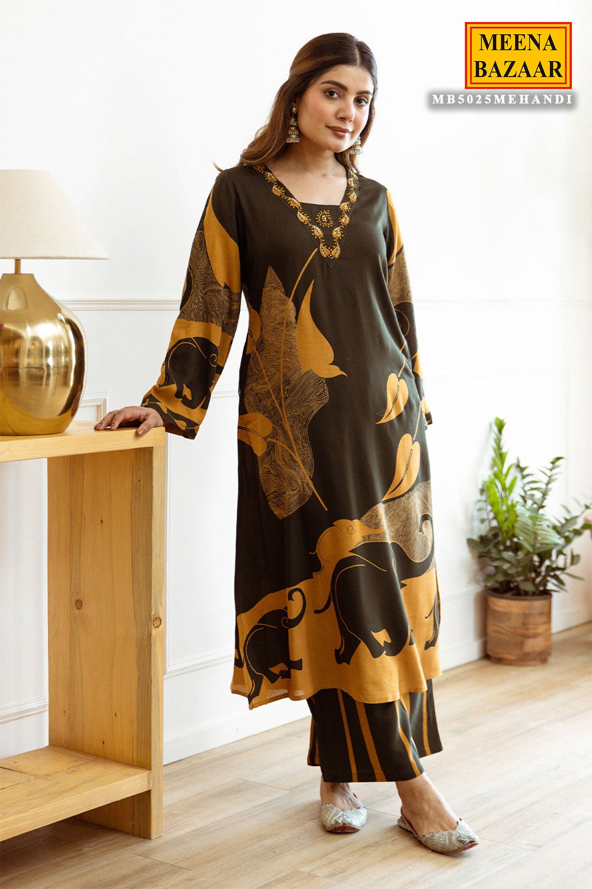 Mehandi Rayon Printed Kurti With Palazzo Set