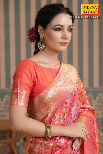 Gajari Silk Floral Woven Saree with Zari Woven Unstitched Blouse