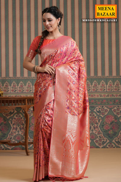 Gajari Silk Floral Woven Saree with Zari Woven Unstitched Blouse