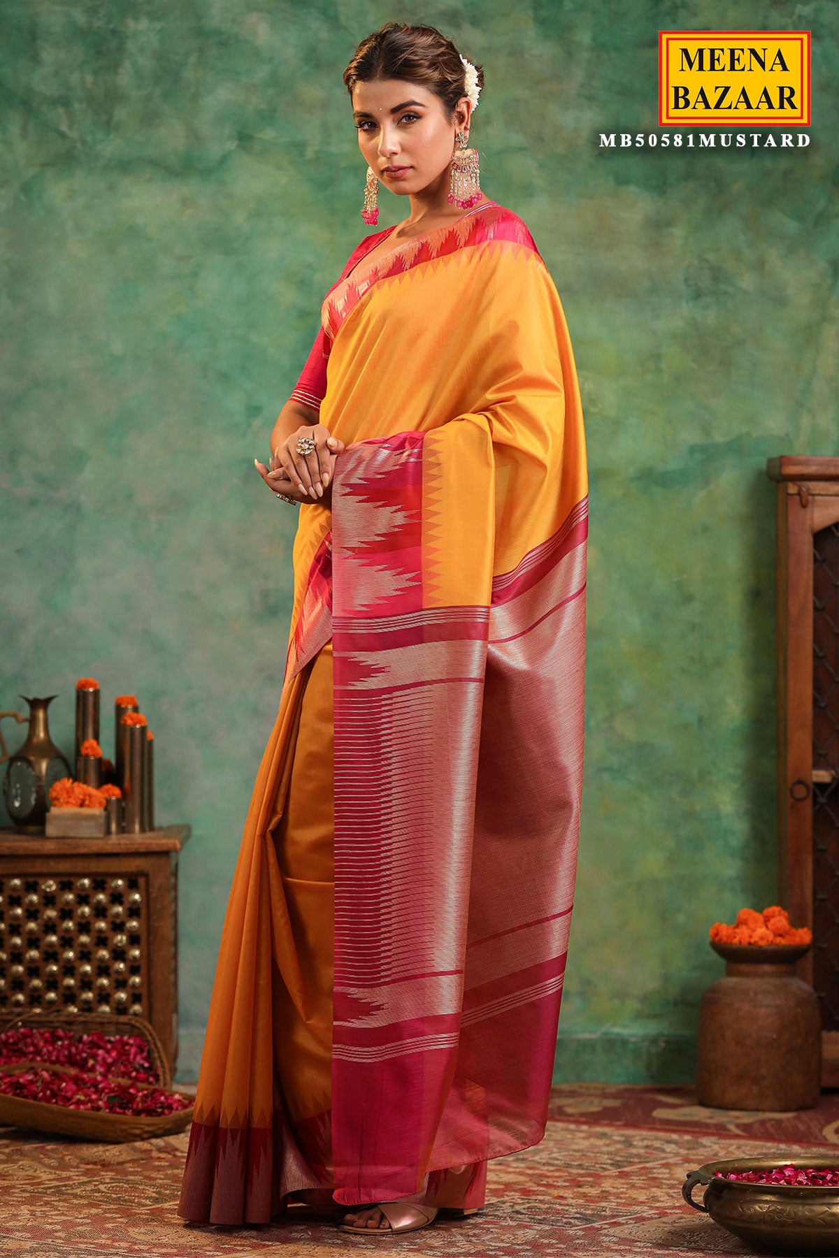 Mustard Silk Saree With Zari Weaving Border