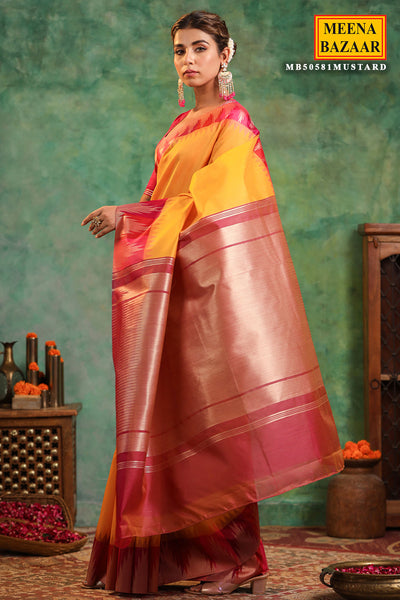 Mustard Silk Saree With Zari Weaving Border