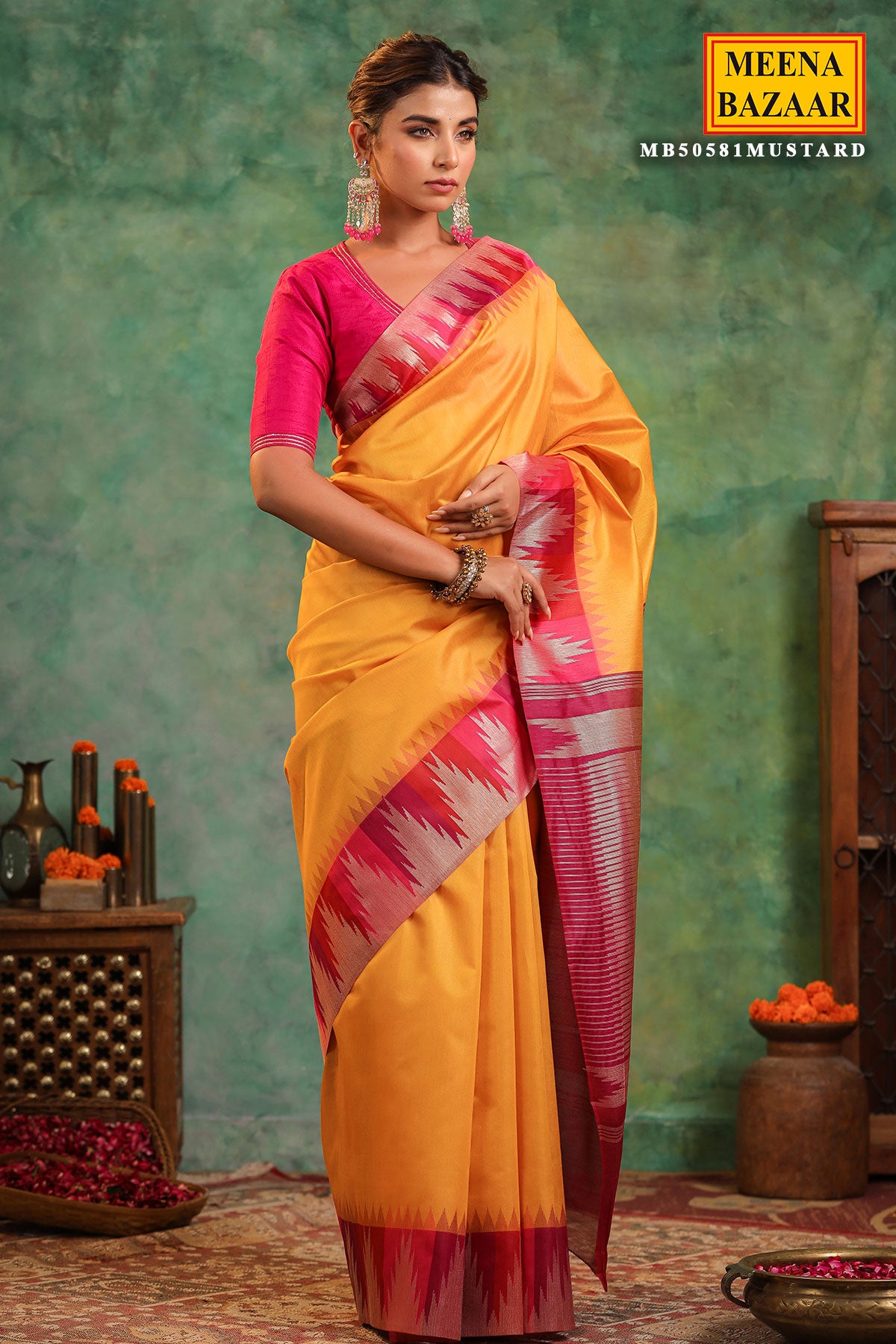 Mustard Silk Saree With Zari Weaving Border