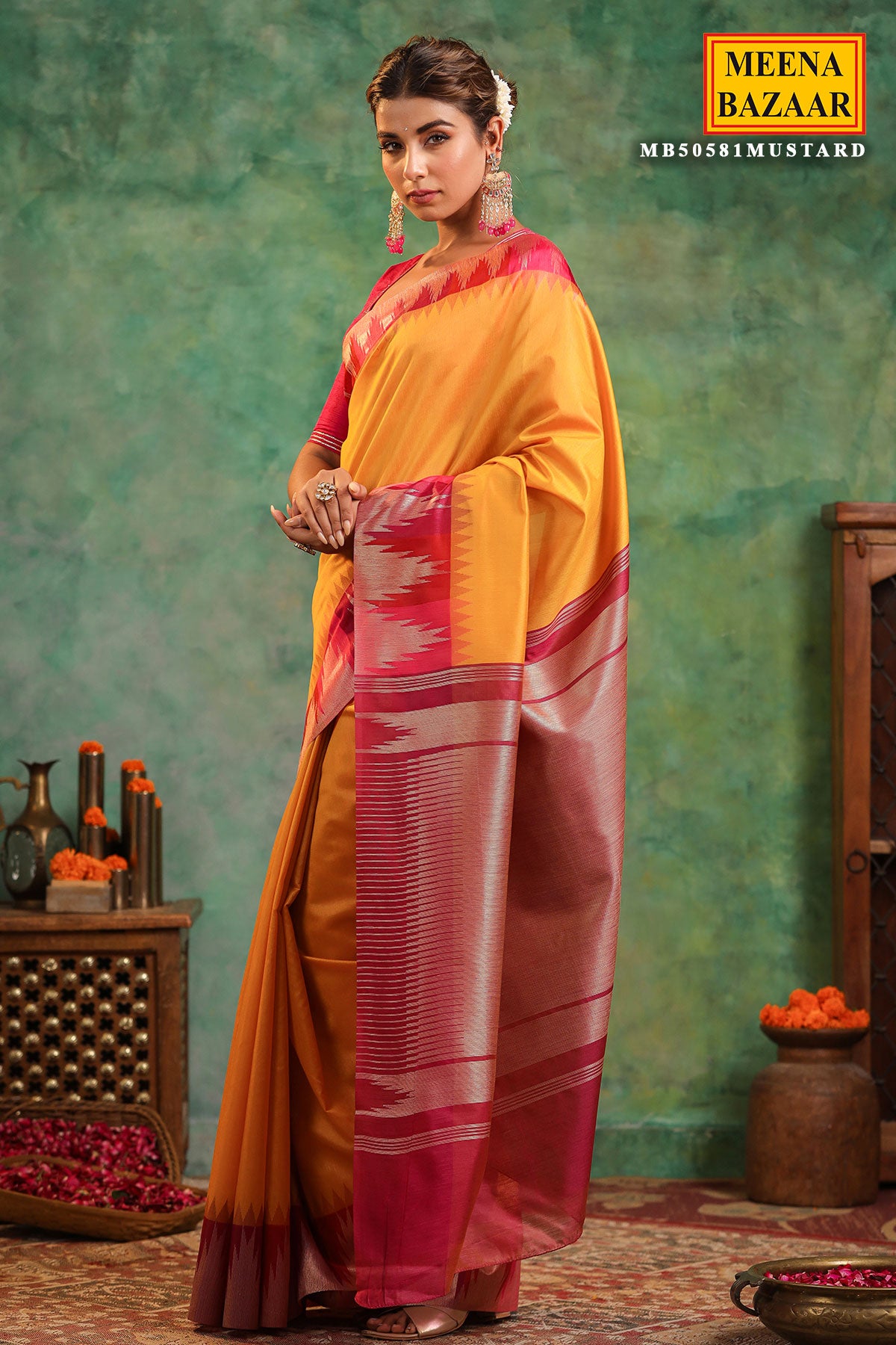 Mustard Silk Saree With Zari Weaving Border