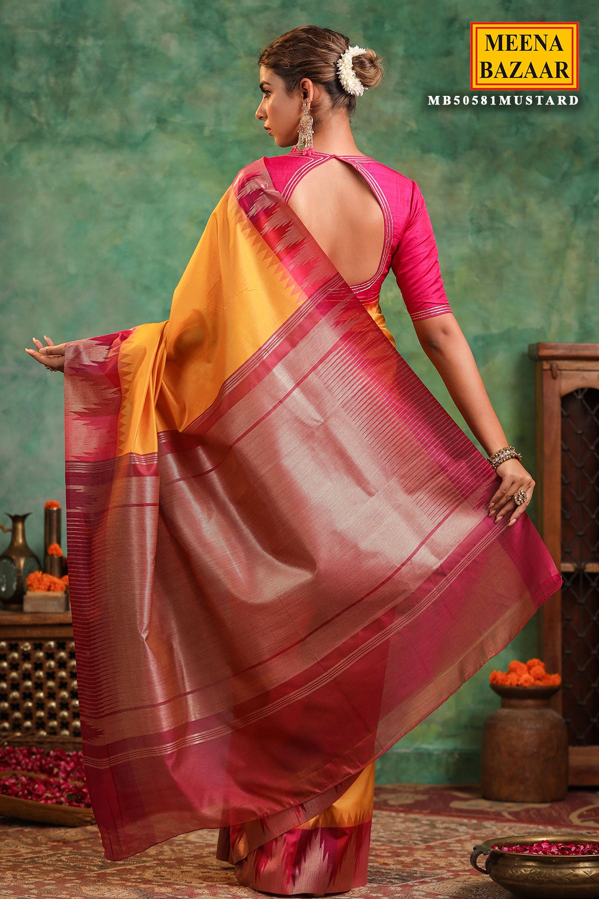 Mustard Silk Saree With Zari Weaving Border