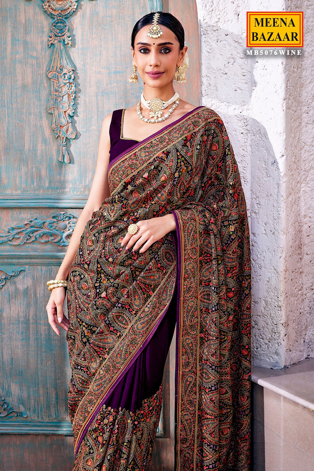 Wine Georgette Colorful Thread Embroidered Saree