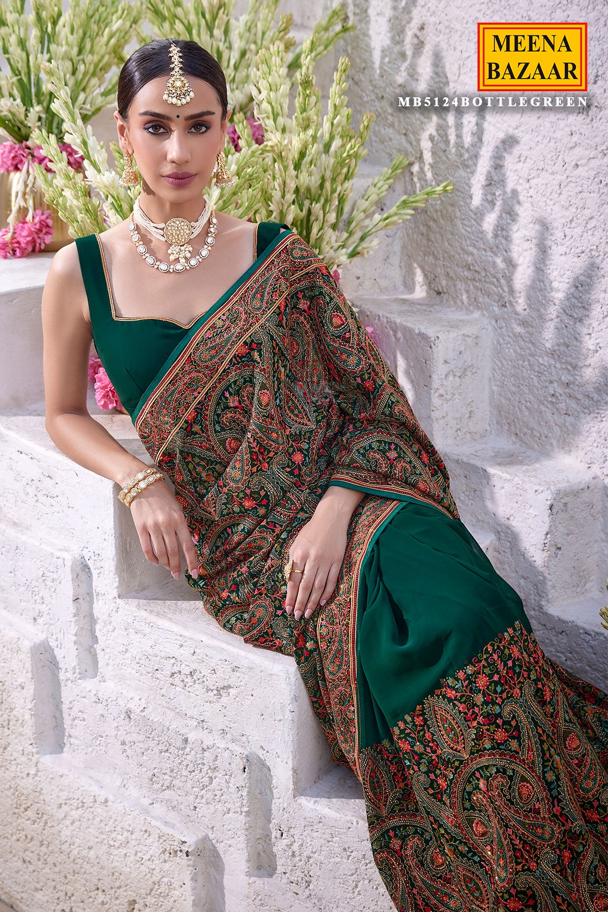 Bottle Green Georgette Colorful Thread Embroidered Saree