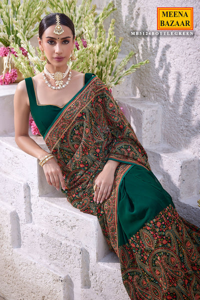 Bottle Green Georgette Colorful Thread Embroidered Saree