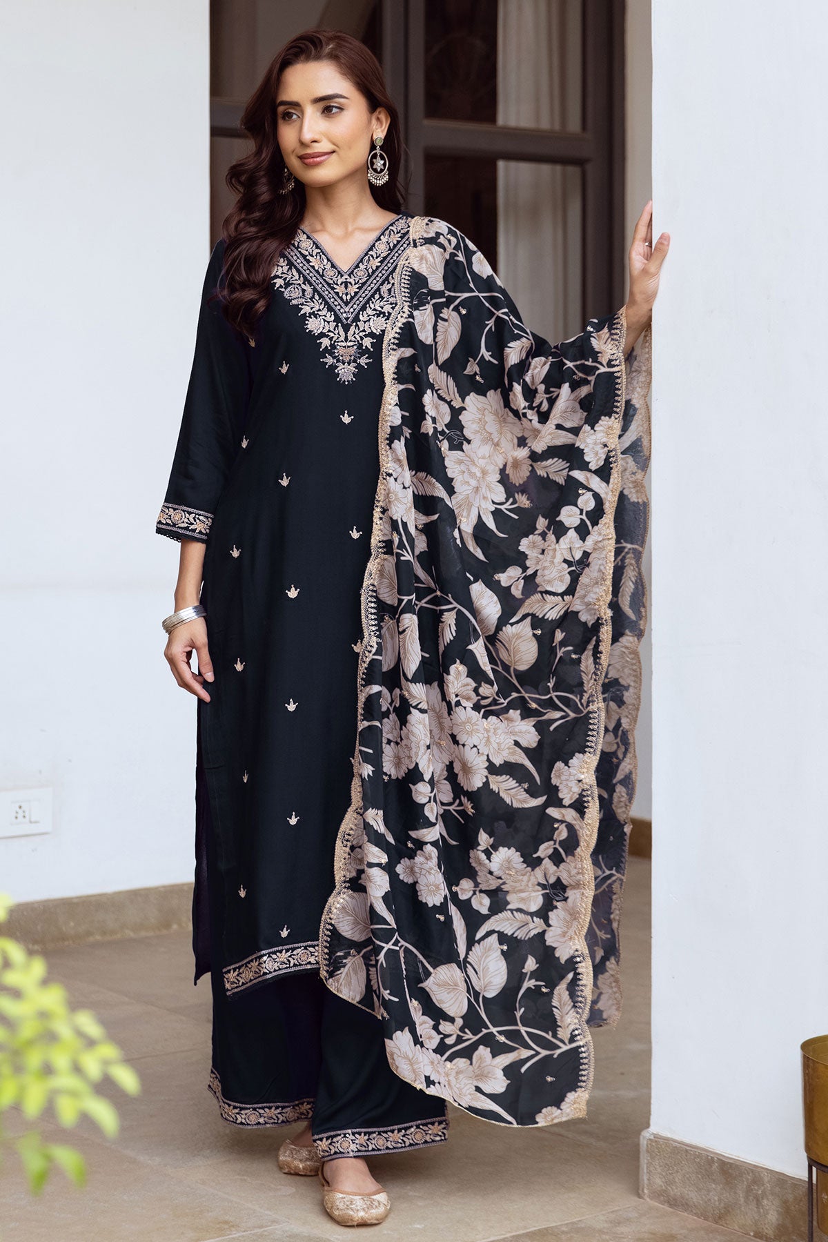 Black Rayon Sequin Embroidered Suit Set