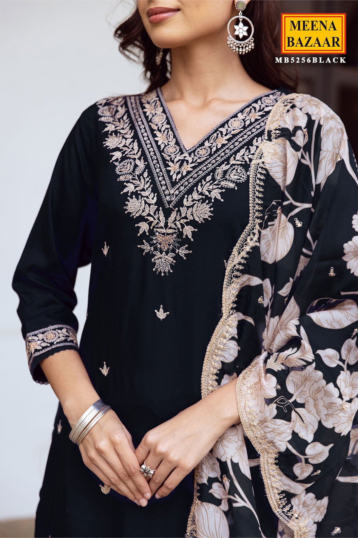 Black Rayon Sequin Embroidered Suit Set