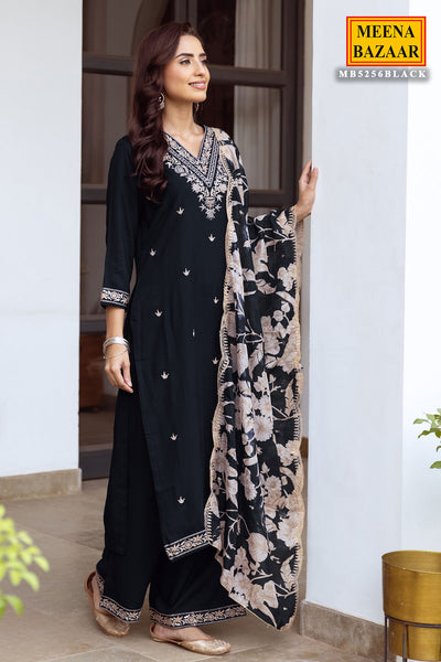 Black Rayon Sequin Embroidered Suit Set