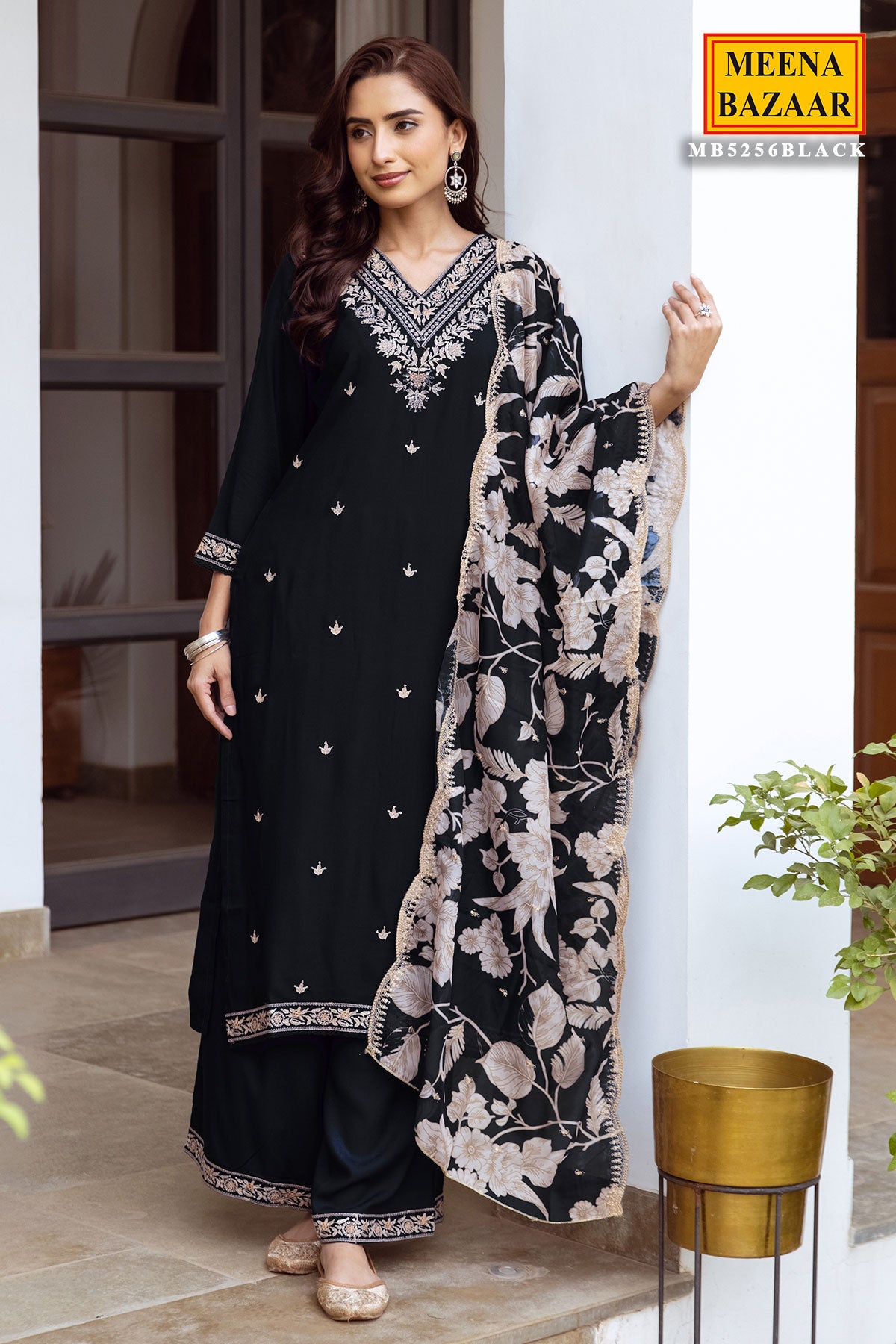 Black Rayon Sequin Embroidered Suit Set