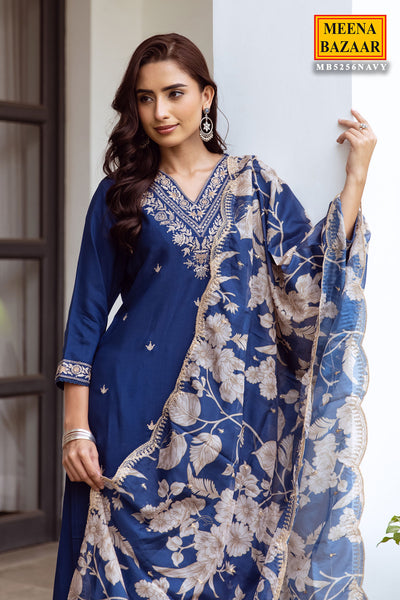 Navy Rayon Sequin Embroidered Suit Set