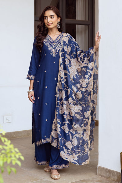 Navy Rayon Sequin Embroidered Suit Set