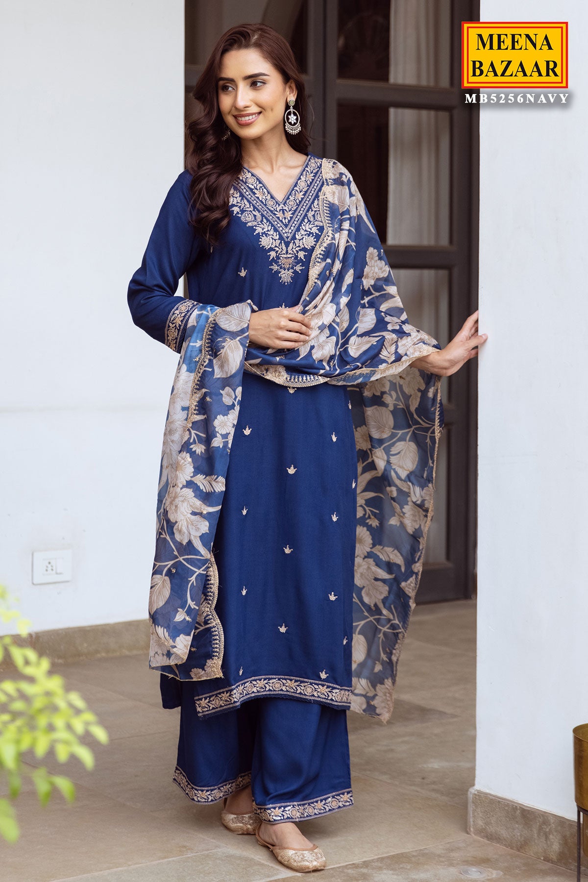 Navy Rayon Sequin Embroidered Suit Set