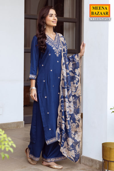 Navy Rayon Sequin Embroidered Suit Set