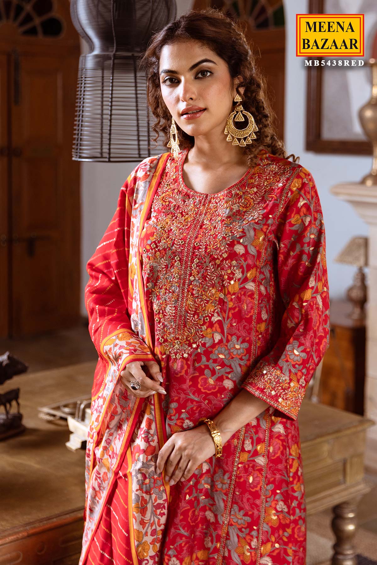 Red Floral Printed Round Neck Cotton Kurta Set WIth Dupatta