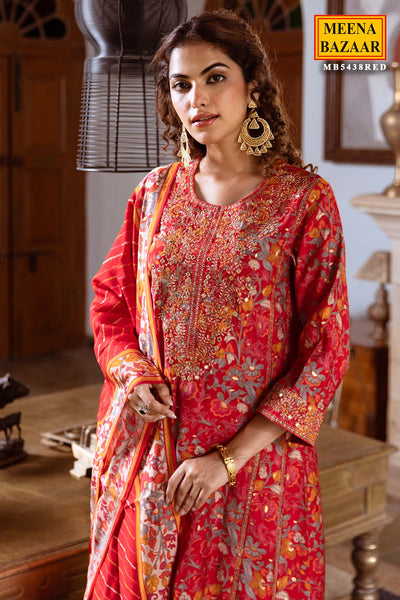 Red Floral Printed Round Neck Cotton Kurta Set WIth Dupatta