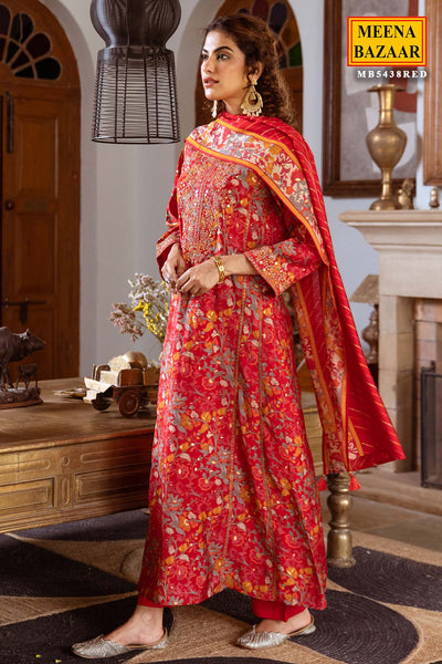 Red Floral Printed Round Neck Cotton Kurta Set WIth Dupatta