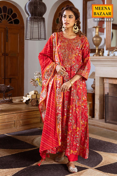 Red Floral Printed Round Neck Cotton Kurta Set WIth Dupatta