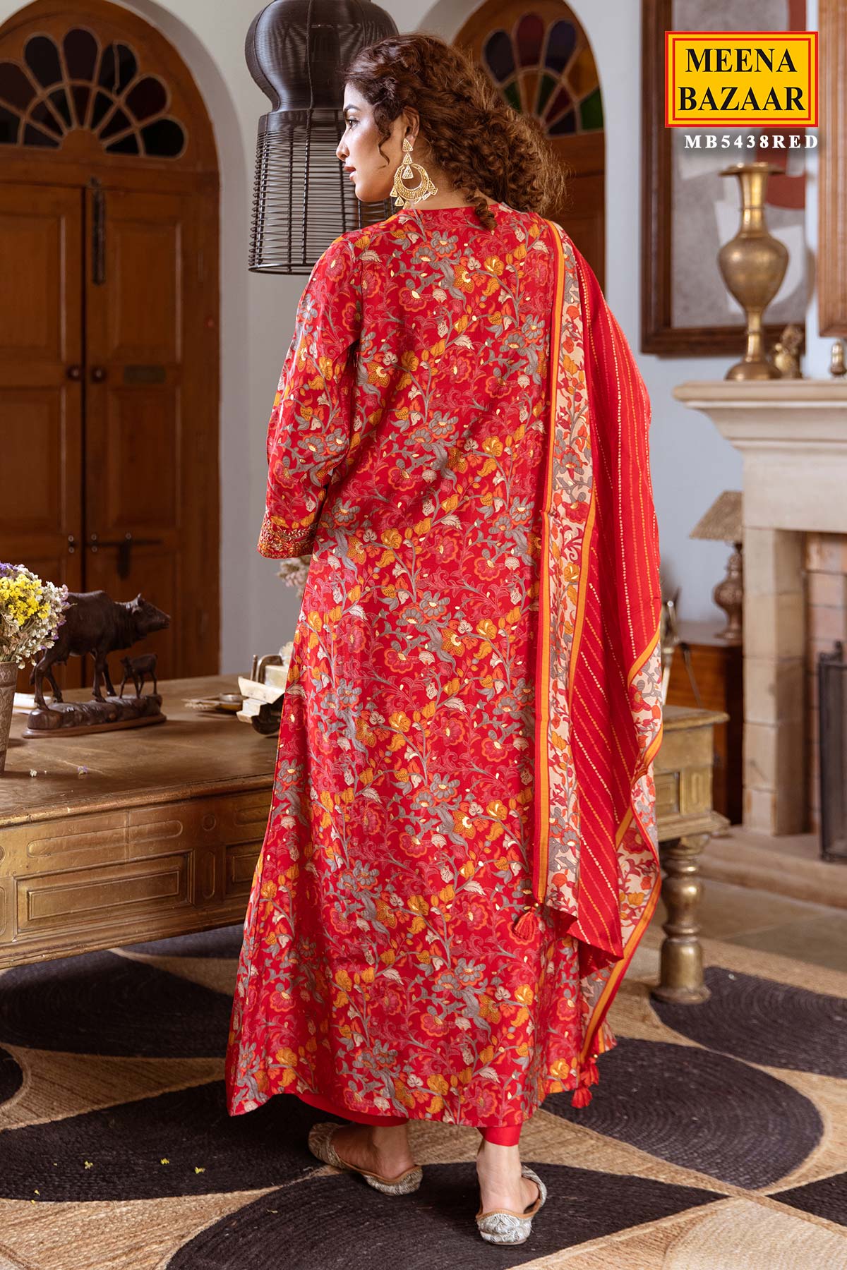 Red Floral Printed Round Neck Cotton Kurta Set WIth Dupatta