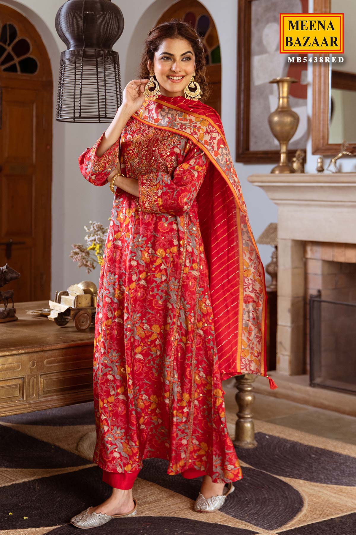 Red Floral Printed Round Neck Cotton Kurta Set WIth Dupatta