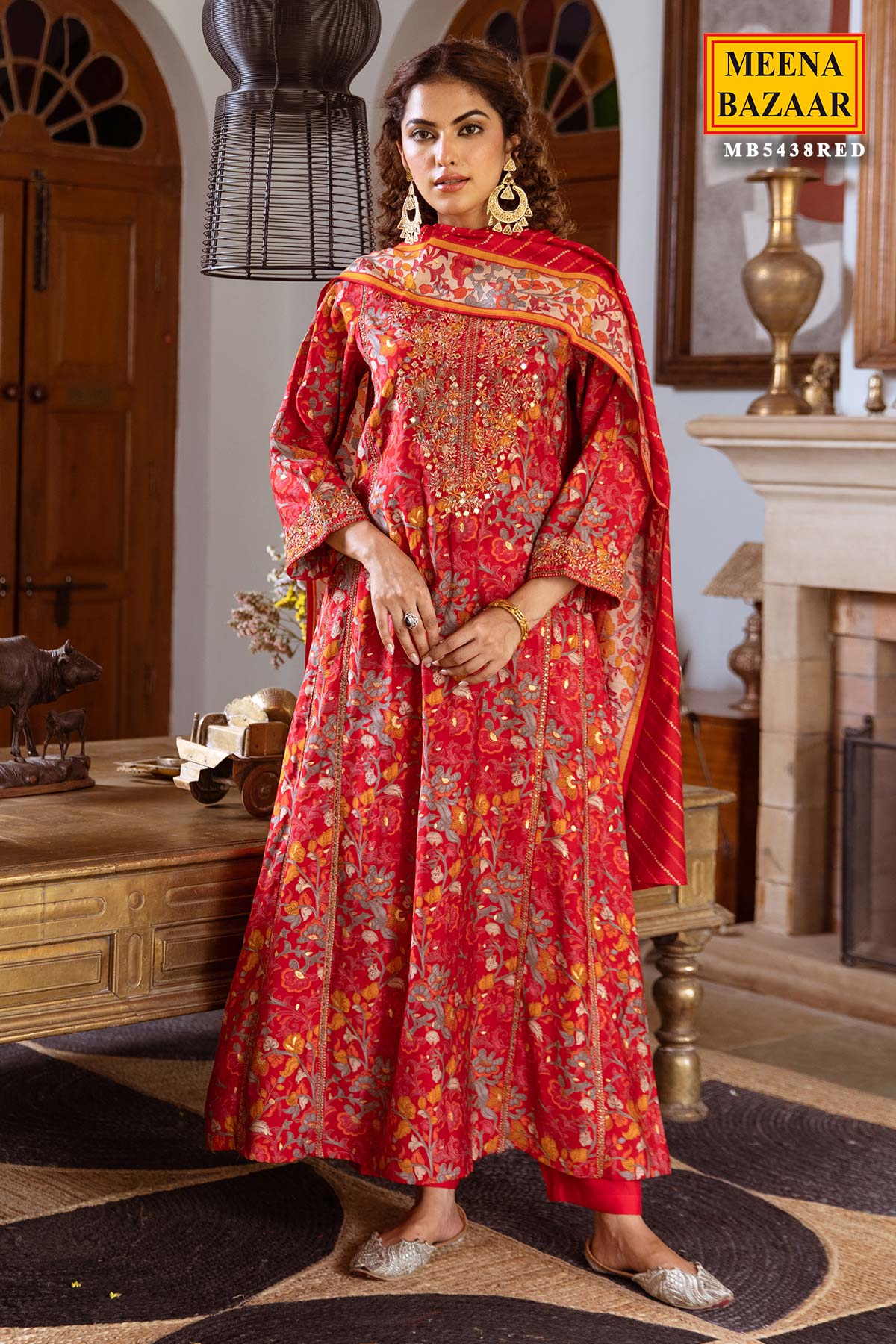 Red Floral Printed Round Neck Cotton Kurta Set WIth Dupatta