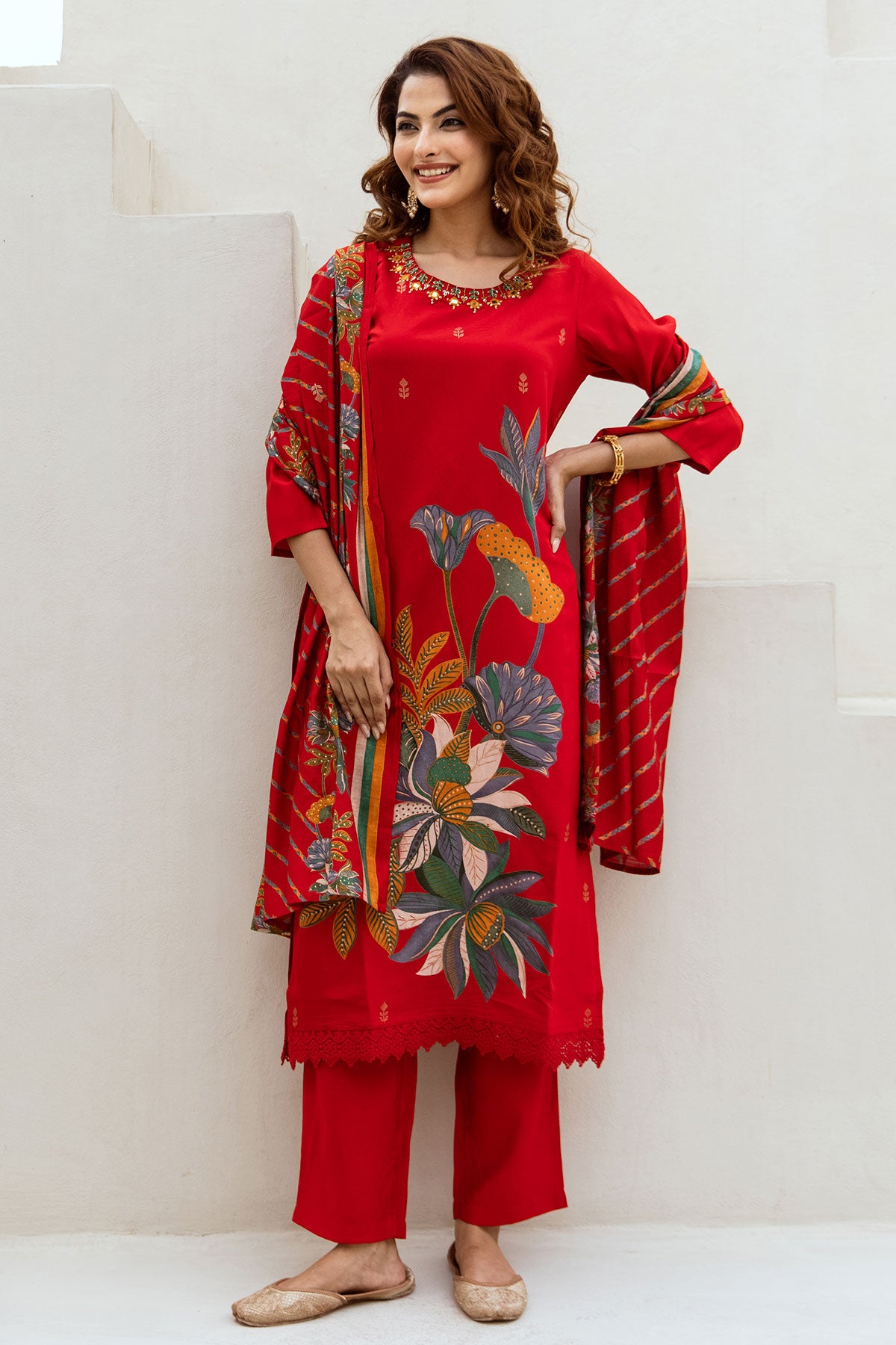 Red Floral Printed Mirror Work Straight Muslin Suit With Pant