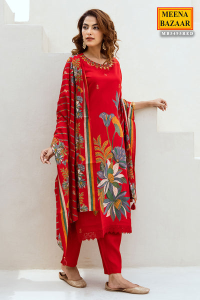 Red Floral Printed Mirror Work Straight Muslin Suit With Pant