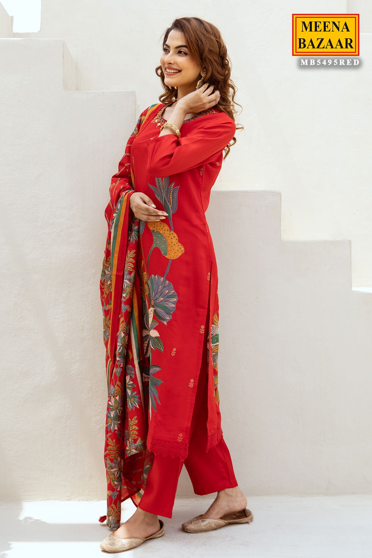 Red Floral Printed Mirror Work Straight Muslin Suit With Pant