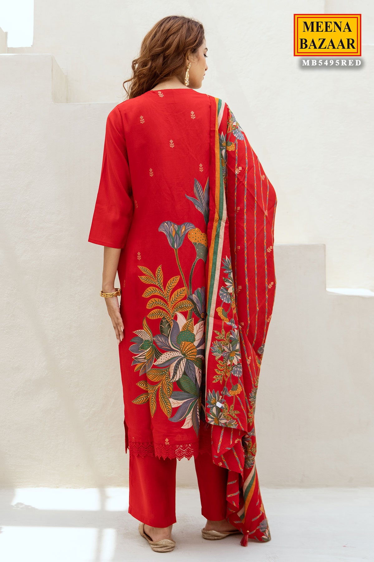 Red Floral Printed Mirror Work Straight Muslin Suit With Pant