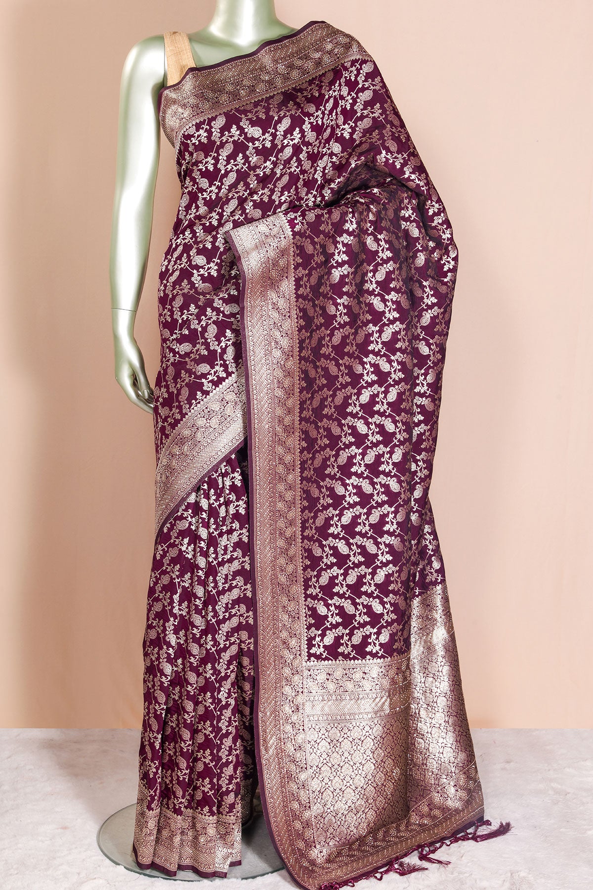Wine Silk Saree Elegant Zari Woven Silk Saree for Festive & Wedding Wear