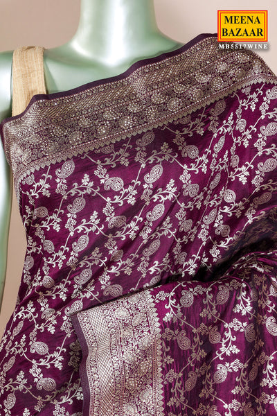 Wine Silk Saree Elegant Zari Woven Silk Saree for Festive & Wedding Wear