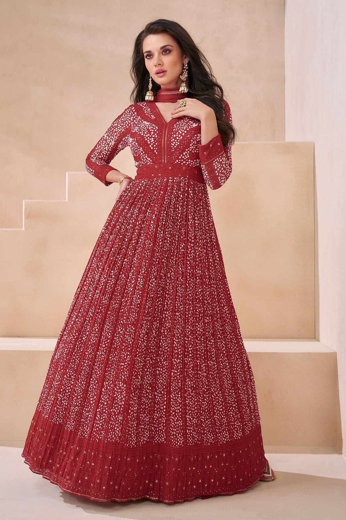 Maroon Georgette Neck Embroidered Printed Anarkali Gown With Dupatta