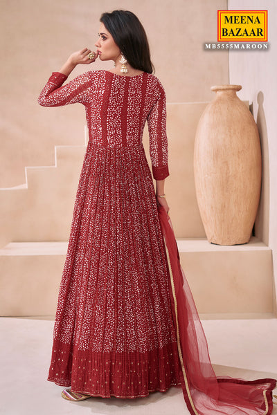 Maroon Georgette Neck Embroidered Printed Anarkali Gown With Dupatta