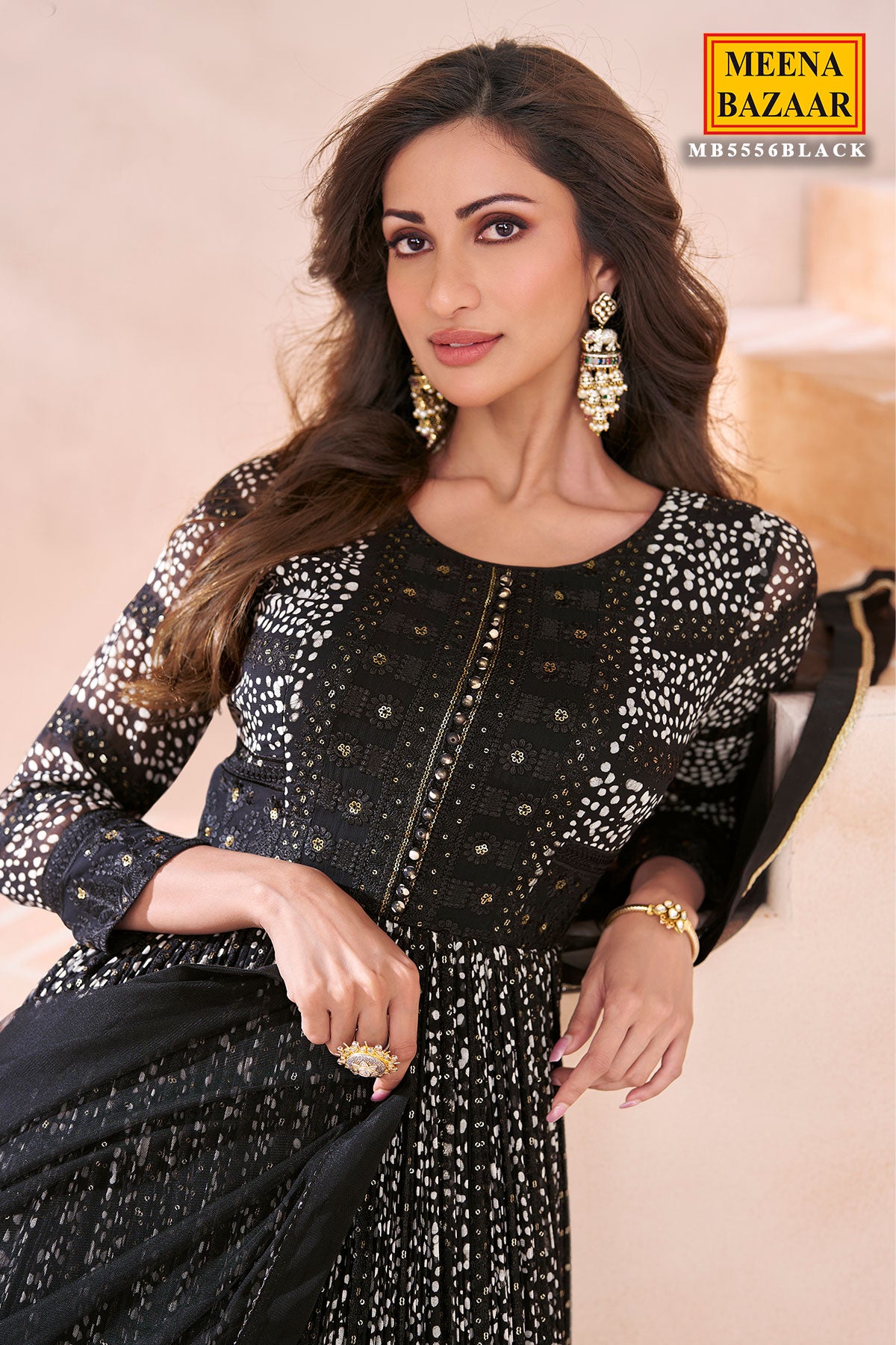 Black Georgette Neck Embroidered Printed Anarkali Gown With Dupatta