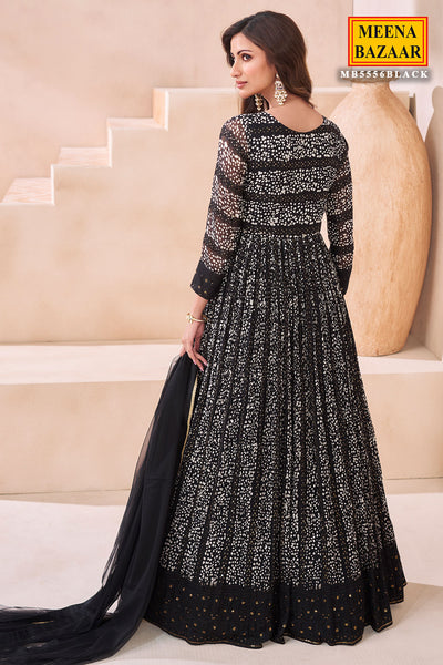 Black Georgette Neck Embroidered Printed Anarkali Gown With Dupatta