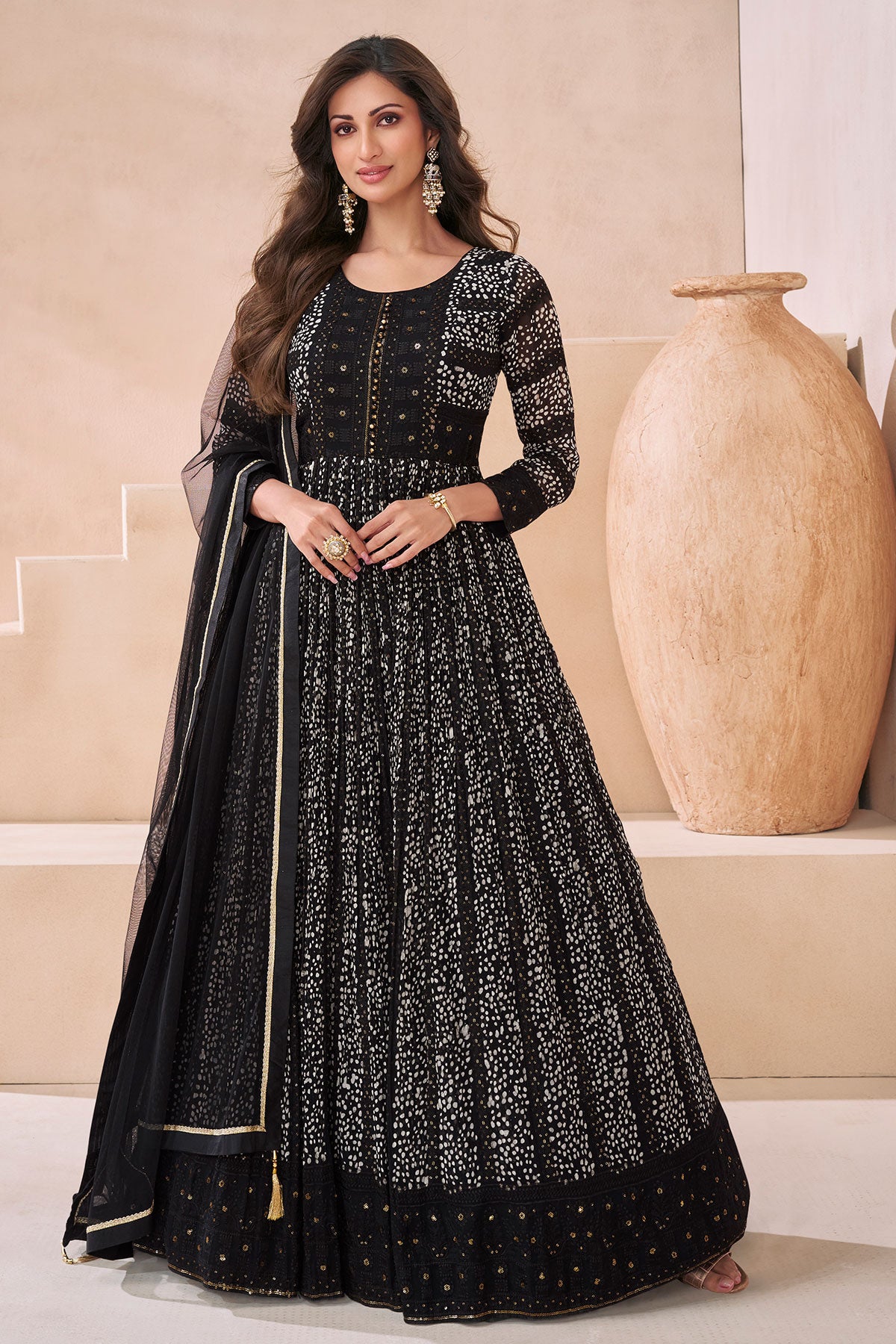 Black Georgette Neck Embroidered Printed Anarkali Gown With Dupatta