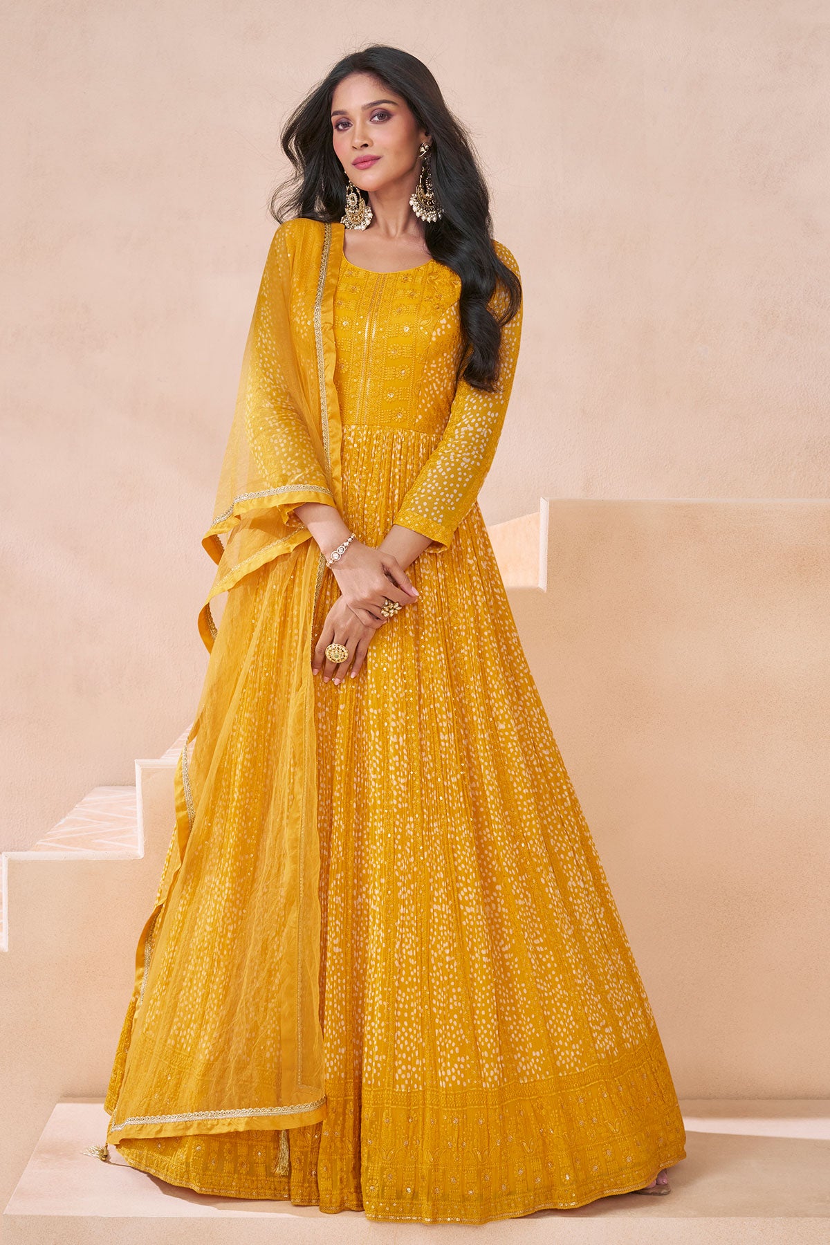 Mustard Georgette Neck Embroidered Printed Anarkali Gown With Dupatta