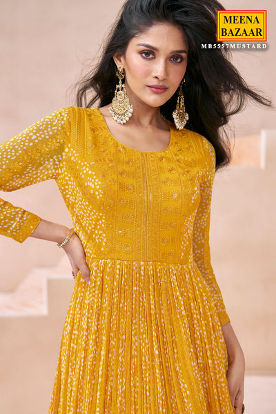 Mustard Georgette Neck Embroidered Printed Anarkali Gown With Dupatta