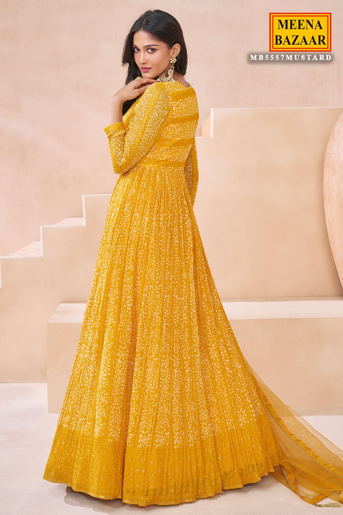 Mustard Georgette Neck Embroidered Printed Anarkali Gown With Dupatta