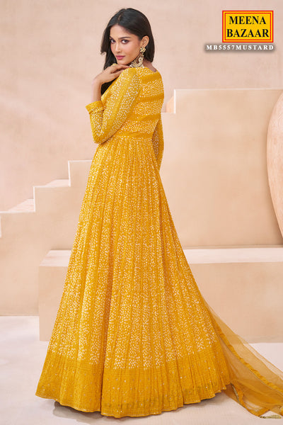 Mustard Georgette Neck Embroidered Printed Anarkali Gown With Dupatta