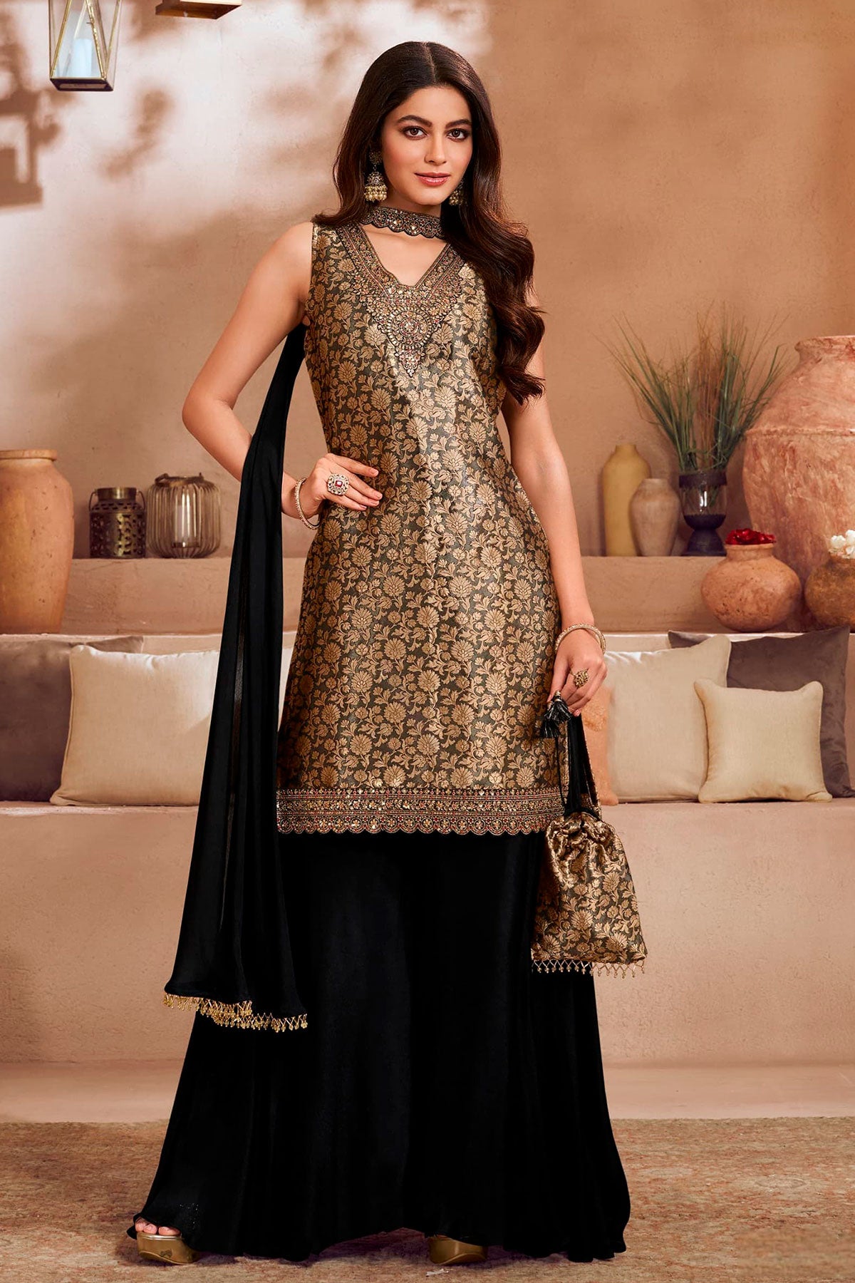 Black Brocade Silk Neck Embroidered Ready Made Suit