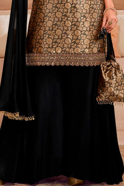 Black Brocade Silk Neck Embroidered Ready Made Suit