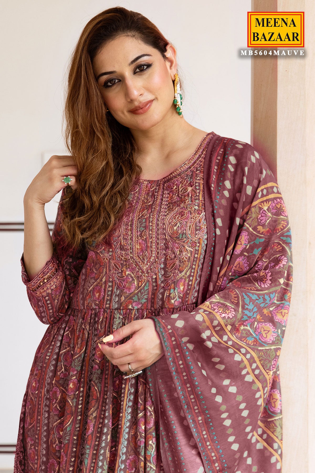 Mauve Muslin Zari Embroidered Neckline Suit Set