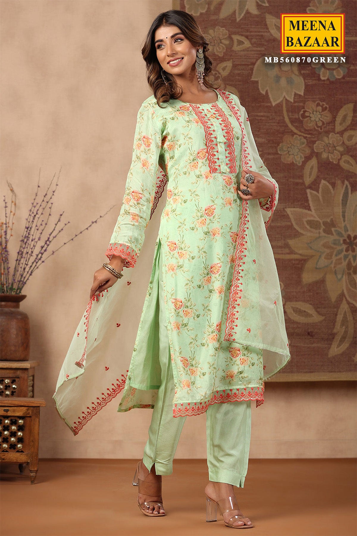 Green Floral Printed Muslin Lace Embroidered Suit