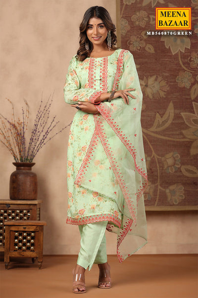 Green Floral Printed Muslin Lace Embroidered Suit