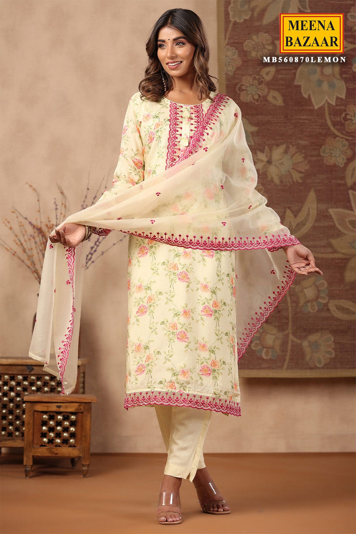 Lemon Floral Printed Muslin Lace Embroidered Suit