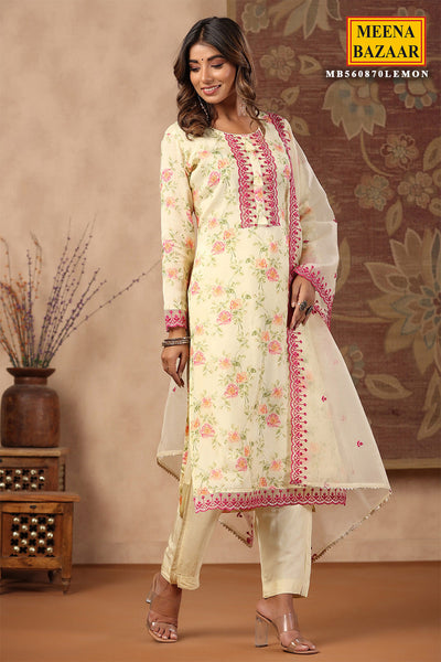 Lemon Floral Printed Muslin Lace Embroidered Suit