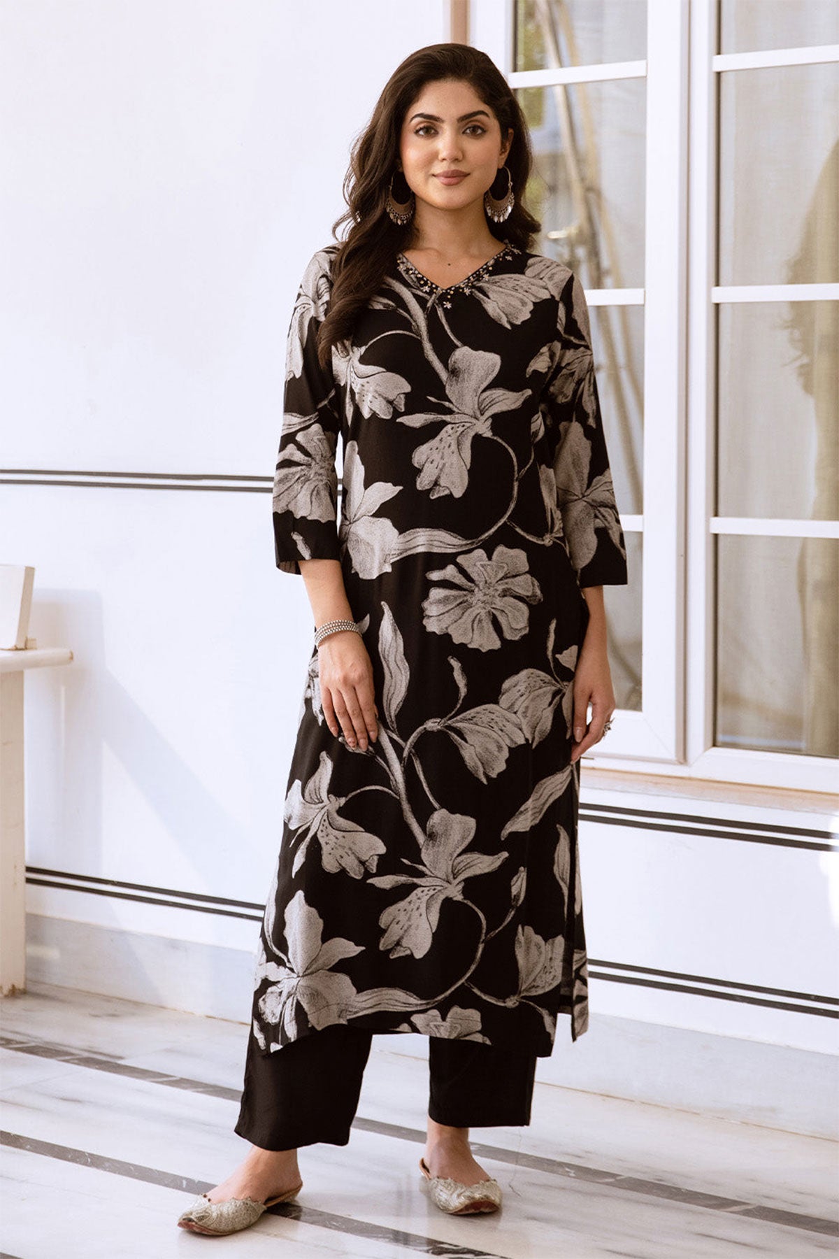 Black Rayon Floral Printed Thread Embroidered Kurta Palazzo Set